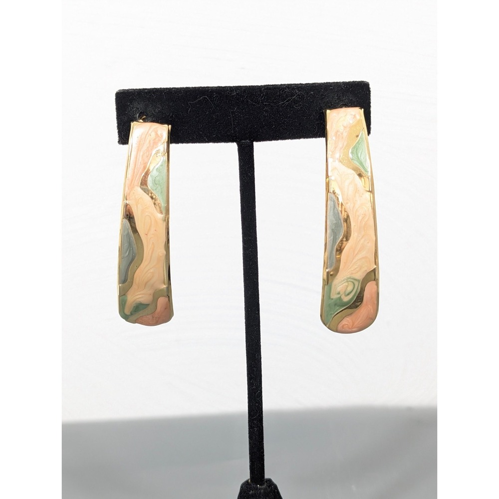 Retro 80s Peach Green Enamel Long Drop Bar Earrings Bold Statement Gold Tone